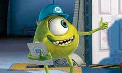 monsters inc logo and mike wozowski with clipboard and hat